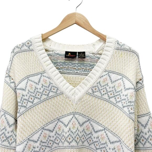 Vintage Liz Sport Fair Isle Pastel Neutral Cropped V Neck Sweater Size P | XS - Picture 8 of 11